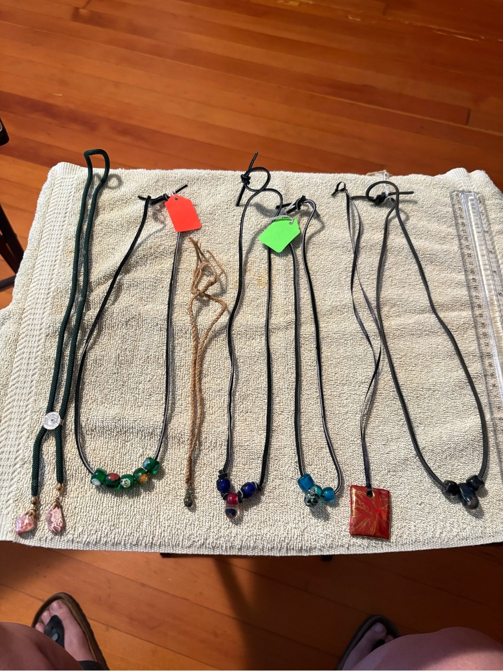 Handmade Green Bead Leather Cord Necklace - Unbranded